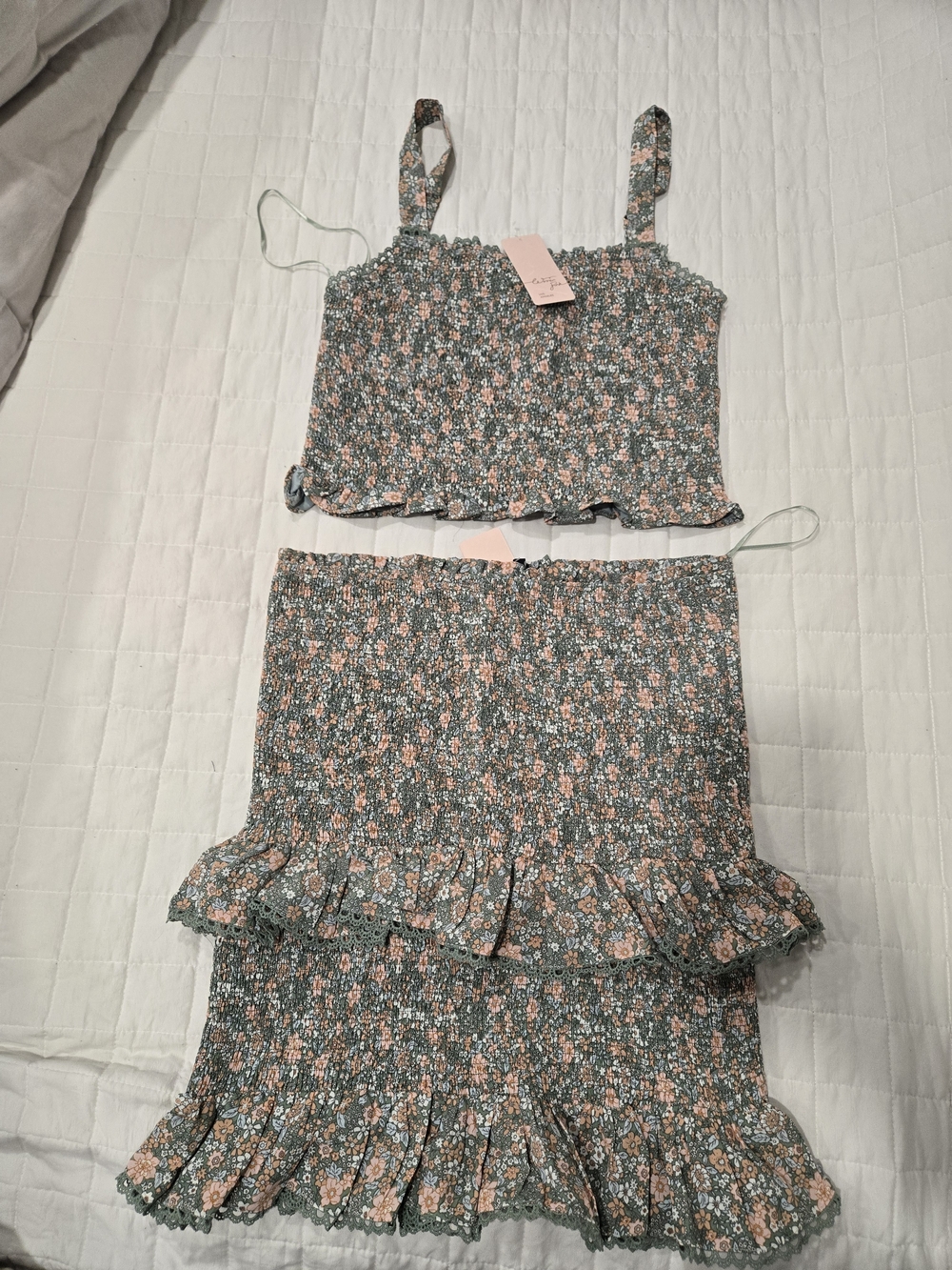 Floral Smocked Crop Top & Skirt Set - Green/Pink